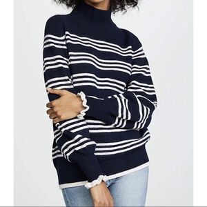 $295 Rebecca Taylor Women Sz XS Navy Blue Striped Merino Wool Turtleneck Sweater